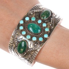 7.5" 30's Navajo Fred Harvey cluster turquoise cuff bracelet with rabbits