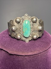 Fred Harvey Era Sterling Silver Green Turquoise Cuff Bracelet 6.75In Thunderbird - Additional view 1