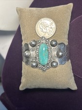 Fred Harvey Era Sterling Silver Green Turquoise Cuff Bracelet 6.75In Thunderbird - Additional view 11