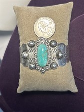 Fred Harvey Era Sterling Silver Green Turquoise Cuff Bracelet 6.75In Thunderbird - Additional view 12