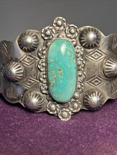 Fred Harvey Era Sterling Silver Green Turquoise Cuff Bracelet 6.75In Thunderbird - Additional view 3