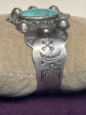 Fred Harvey Era Sterling Silver Green Turquoise Cuff Bracelet 6.75In Thunderbird - Additional view 8