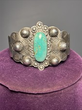 Fred Harvey Era Sterling Silver Green Turquoise Cuff Bracelet 6.75In Thunderbird