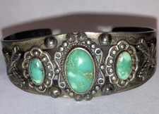 Sterling Silver Navajo Old Pawn Fred Harvey Era Thunderbird Turquoise Bracelet - Additional view 3