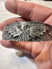 Native American Fred Harvey Sterling Silver Stamped Thunderbird Bracelet As Is