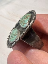 Fred Harvey Navajo Sterling Silver Spider Web Double Turquoise Shadowbox Ring 13 - Additional view 1