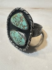 Fred Harvey Navajo Sterling Silver Spider Web Double Turquoise Shadowbox Ring 13 - Additional view 5