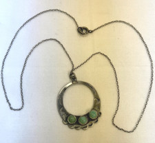 Very Early Fred Harvey Era Silver Pendant & Necklace 3 Stone Turquoise Stamped - Additional view 1