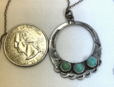 Very Early Fred Harvey Era Silver Pendant & Necklace 3 Stone Turquoise Stamped - Additional view 2