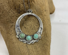 Very Early Fred Harvey Era Silver Pendant & Necklace 3 Stone Turquoise Stamped