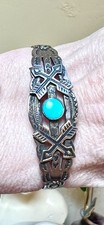 Wonderful Fred Harvey Era Native Sterling Silver, Turquoise Stamp Work Bracelet - Additional view 1