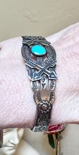 Wonderful Fred Harvey Era Native Sterling Silver, Turquoise Stamp Work Bracelet - Additional view 3