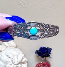 Wonderful Fred Harvey Era Native Sterling Silver, Turquoise Stamp Work Bracelet - Additional view 4