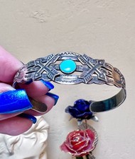 Wonderful Fred Harvey Era Native Sterling Silver, Turquoise Stamp Work Bracelet - Additional view 5