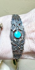 Wonderful Fred Harvey Era Native Sterling Silver, Turquoise Stamp Work Bracelet - Additional view 6