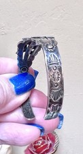 Wonderful Fred Harvey Era Native Sterling Silver, Turquoise Stamp Work Bracelet - Additional view 8
