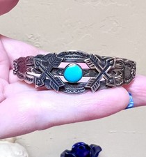 Wonderful Fred Harvey Era Native Sterling Silver, Turquoise Stamp Work Bracelet