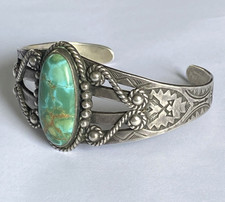Vintage  Fred Harvey Era “Navajo” Sterling & Turquoise Stamped Cuff Bracelet+++ - Additional view 1