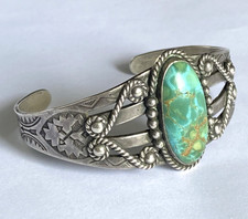 Vintage  Fred Harvey Era “Navajo” Sterling & Turquoise Stamped Cuff Bracelet+++ - Additional view 2