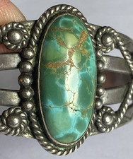 Vintage  Fred Harvey Era “Navajo” Sterling & Turquoise Stamped Cuff Bracelet+++ - Additional view 8