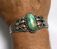 Vintage  Fred Harvey Era “Navajo” Sterling & Turquoise Stamped Cuff Bracelet+++ - Additional view 10