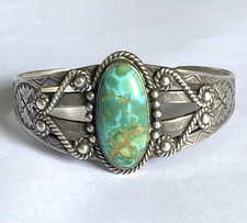Vintage Fred Harvey Era “Navajo” Sterling & Turquoise Stamped Cuff Bracelet+++
