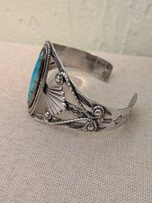 Vintage Fred Harvey Era Bell Sterling 925 Turquoise Ornate Cuff Bracelet - Additional view 1