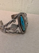 Vintage Fred Harvey Era Bell Sterling 925 Turquoise Ornate Cuff Bracelet - Additional view 5