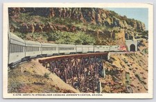 AZ Santa Fe Streamliner Crossing Johnson's Canyon Tunnel, Linen Fred Harvey 1951