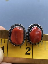 Fred Harvey Era Navajo Sterling Silver Large Mediterranean Coral Chunk Earrings - Additional view 2