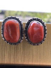 Fred Harvey Era Navajo Sterling Silver Large Mediterranean Coral Chunk Earrings - Additional view 14