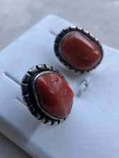 Fred Harvey Era Navajo Sterling Silver Large Mediterranean Coral Chunk Earrings - Additional view 21