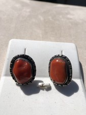 Fred Harvey Era Navajo Sterling Silver Large Mediterranean Coral Chunk Earrings - Additional view 22