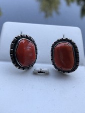 Fred Harvey Era Navajo Sterling Silver Large Mediterranean Coral Chunk Earrings - Additional view 23