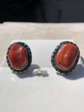 Fred Harvey Era Navajo Sterling Silver Large Mediterranean Coral Chunk Earrings - Additional view 5