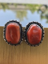Fred Harvey Era Navajo Sterling Silver Large Mediterranean Coral Chunk Earrings