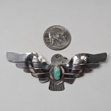 Huge! Early Fred Harvey Era Sterling Silver Natural Turquoise Thunderbird Brooch - Additional view 1
