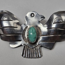 Huge! Early Fred Harvey Era Sterling Silver Natural Turquoise Thunderbird Brooch - Additional view 2