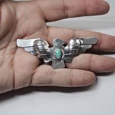 Huge! Early Fred Harvey Era Sterling Silver Natural Turquoise Thunderbird Brooch - Additional view 7