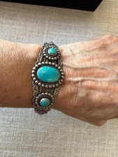 Vintage Fred Harvey Era Native American Sterling Silver Turquoise Cuff Bracelet - Additional view 1
