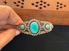 Vintage Fred Harvey Era Native American Sterling Silver Turquoise Cuff Bracelet - Additional view 5