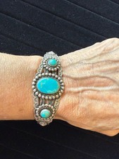 Vintage Fred Harvey Era Native American Sterling Silver Turquoise Cuff Bracelet