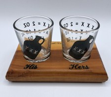 Vintage Fred Harvey His & Hers Shot Glass Pair w/Wooden Base Death Valley Calif - Additional view 1