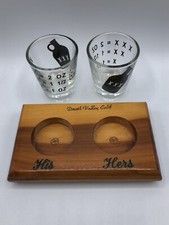 Vintage Fred Harvey His & Hers Shot Glass Pair w/Wooden Base Death Valley Calif