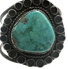 VTG Sterling 925 Fred Harvey Era Turquoise Cuff Raindrop Bezel Patina