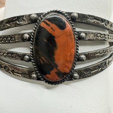 Fred Harvey Era Sterling Petrified Wood Cuff with Symbolic Stampwork - Additional view 1