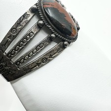 Fred Harvey Era Sterling Petrified Wood Cuff with Symbolic Stampwork - Additional view 4