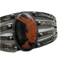 Fred Harvey Era Sterling Petrified Wood Cuff with Symbolic Stampwork - Additional view 6