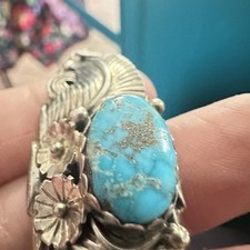 Fred Harvey Era Sterling Silver Turquoise Floral Cuff Pyrite Matrix - Additional view 7