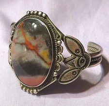 ANTIQUE FRED HARVEY NAVAJO PETRIFIED WOOD AGATE STERLING CUFF BRACELET - Additional view 3